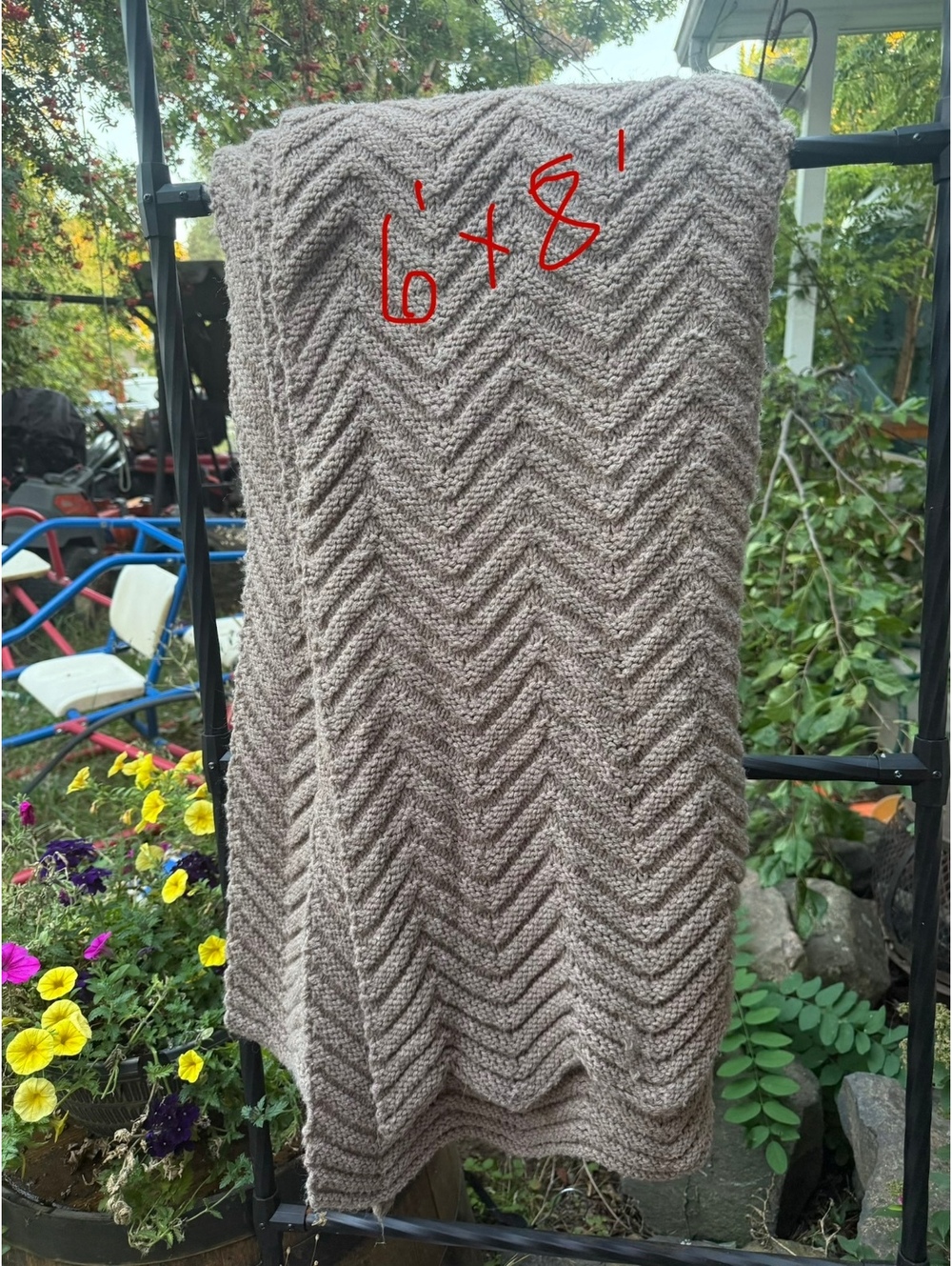 Hand Knit Beige Wool Chevron Pattern Blanket 6'x8'